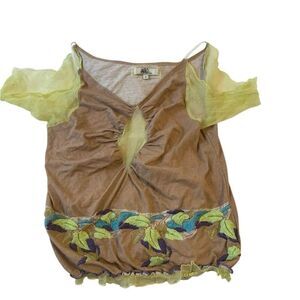 Free People Brown Blouse with Green Leaf Design